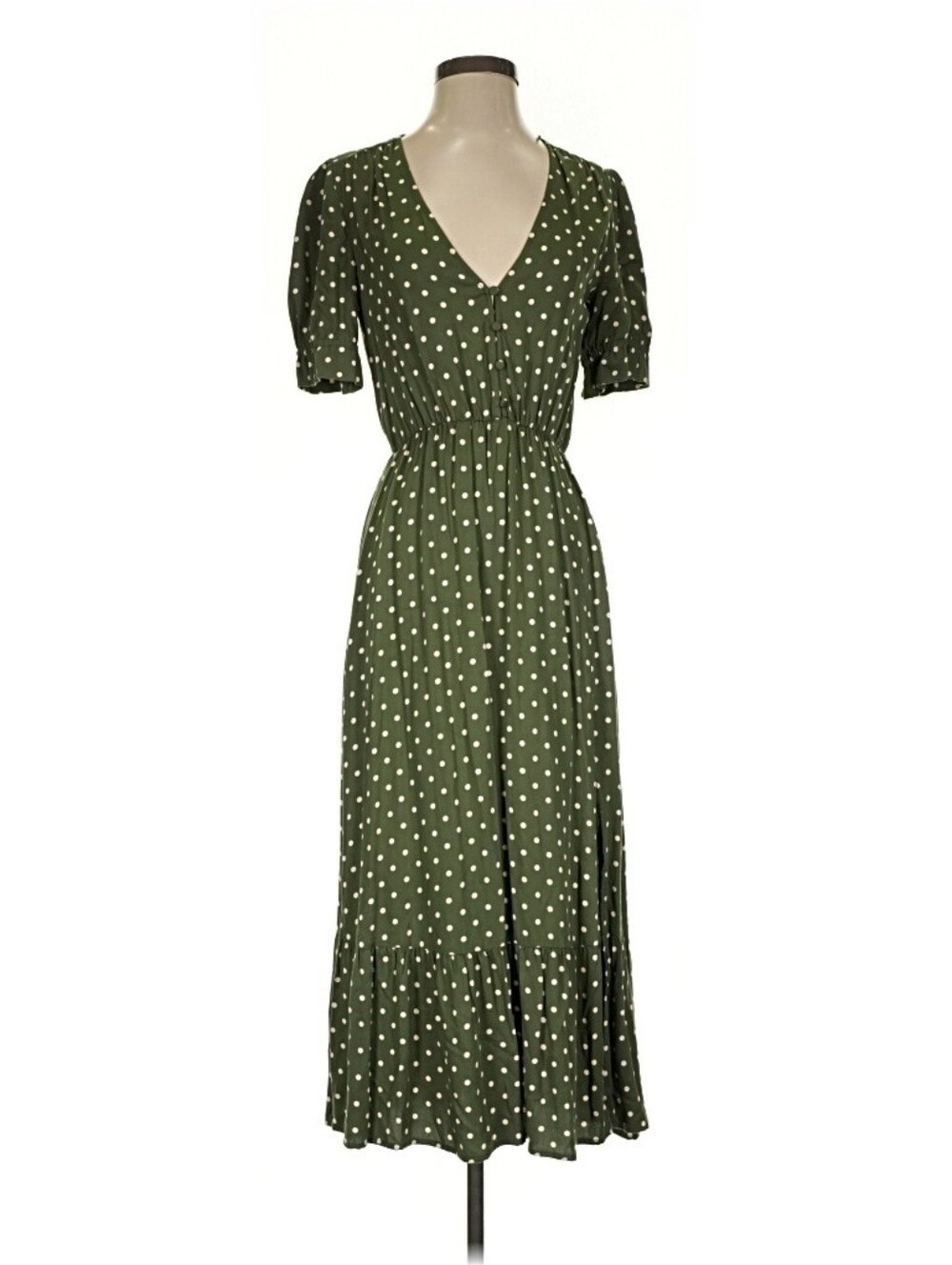 ZARA Brand Olive Green Polka Dot V-Neck Maxi Dress